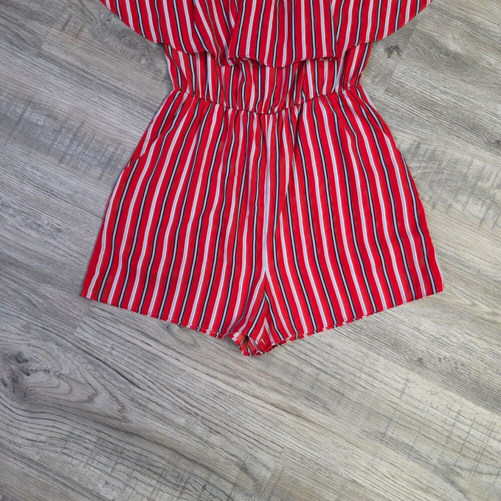 Soprano Nautical Red Striped Off Shoulder Romper Size S Coastal Chic - Picture 5 of 7